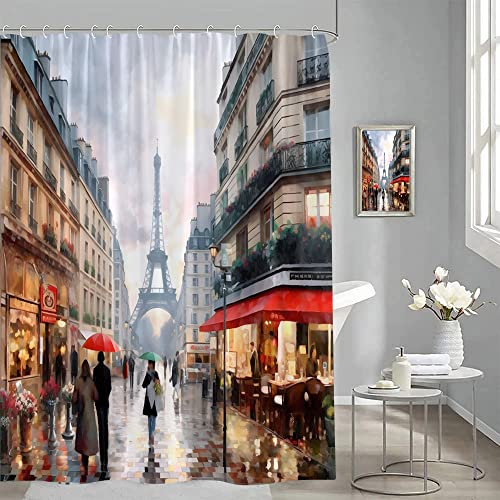 Xnichohe Paris Street Scene Shower Curtain Oil Painting Eiffel Tower Flower Bustling City In The Rain Umbrella Polyester Cloth Fabric For Bathroom Curtains Decor Set With 12 Pcs Hooks,70 X70 Inches #TOP2