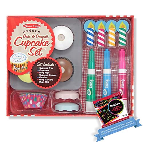Melissa & Doug Bake and Decorate Cupcake Set - Play Food Set Bundle with 1 Theme Compatible M&D Scratch A r t Mini-Pad (04019)