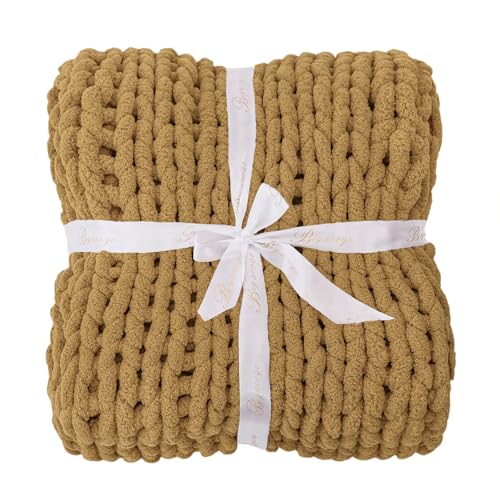 Bigacogo Chunky Knit Throw Blanket for Couch, 51x63 inches, 100% Hand Knitted with Thick Jumbo Chenille Yarn, Cozy Soft Large Rope Knot Cable Crochet Blankets for Sofa Bed Living Room, Goldenrod