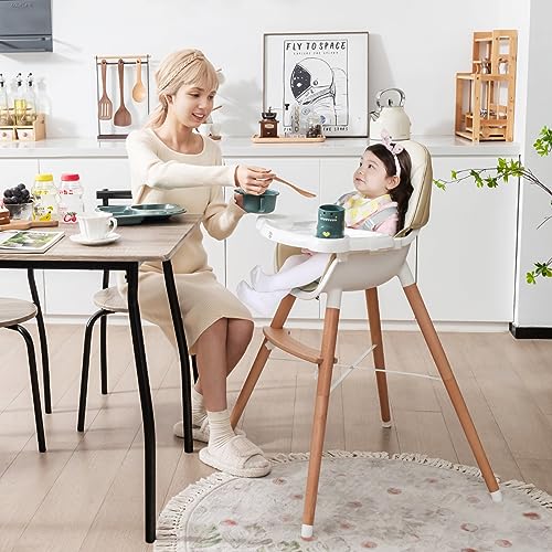 Image of BABY JOY Baby High Chair, Wooden High Chair for Babies & Toddlers with Dishwasher Safe Double Removable Tray, Infant Feeding Chair with 5-Point Safety Harness & Detachable PU Seat Cushion (Beige)