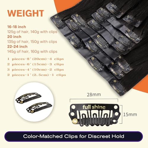 Image of Full Shine Seamless Clip In Hair Extensions, 150g 20 Inch Natural Black | Remy Human Hair,8 Pcs,Invisible PU Weft,#1B Natural Black,High Density Volume for Thicker Hair,Fuller Coverage