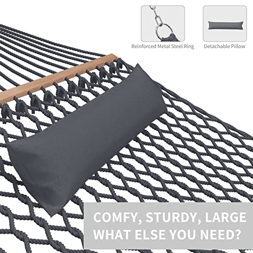 Tonahutu 13Ft Hammocks, Traditional Hand Woven Cotton Rope Hammock With Free Extension Chains For Outdoor Indoor Patio Yard 450 Lsb Capacity For Two Person (Dark Grey) #TOP5