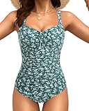 Tempt Me Women Green Floral Ruched Slimming One Piece Swimsuits Tummy Control Vintage Bathing Suits M