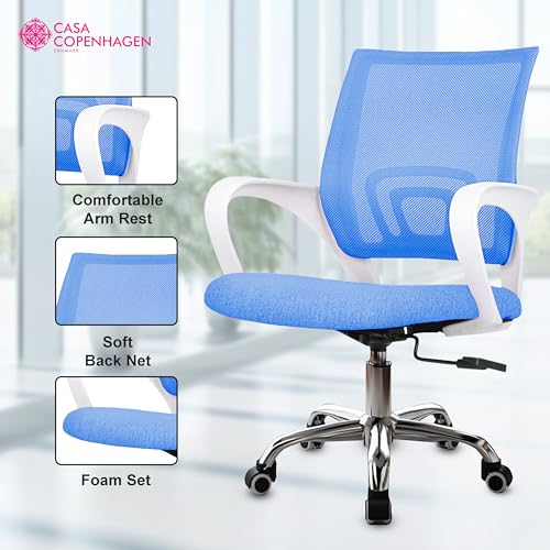 Image of Casa Copenhagen Mesh Mid Back Office /Study /Computer /Revolving /Desk Chair for Work from Home -Metal Base, Height Adjustable Seat- Jet Blue & White Handle