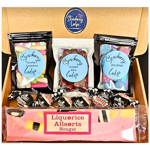 Liquorice Sweets Gift Box | Jelly Spogs, Torpedoes, Aniseed Balls, Liquorice Allsorts Nougat Bar, Toffee | Old Fashioned, Retro, Traditional Sweets Selection | Licorice Sweets Birthday Gift Him/Her