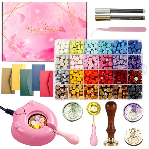 MONVICT 732 Pcs Wax Seal Stamp Kit with Pink Gift Box, Electric Wax Seal Warmer, Sealing Beads, Stamp, Spoon, Pens, Envelopes, Tweezers Gift for Kids Girls Crafter DIY