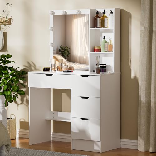 Puselo Dressing Table with Mirror and Lights,White Vanity Desk with Mirror and 4 Drawers, 10 LED Lights,3 Light Colours Adjustable Brightness,Modern Vanity for Women Girl Bedroom - Cosy Home Interiors Puselo Dressing Table with Mirror and Lights,White Vanity Desk with Mirror and 4 Drawers, 10 LED Lights,3 Light Colours Adjustable Brightness,Modern Vanity for Women Girl Bedroom - Image 2