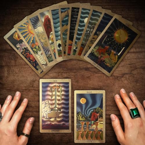 Image of AYME Gold foil Tarot Cards with Guide Book, 78 Cards Tarot Deck for Beginners and Professional Player with Box Tarot PVC Durable Waterproof Wrinkle Resistant (Style 15)