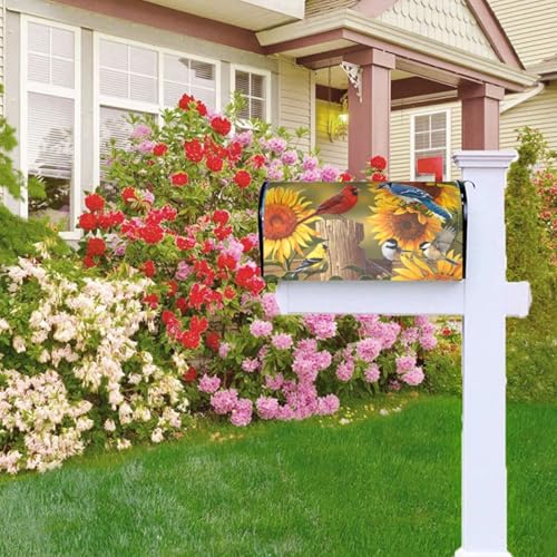 Image of Spring Flowers and Cardinal Bird Mailbox Cover Magnetic Country Sunflower Floral and Birds Waterproof Mailbox Wraps Post Letter Box Decor 21x18 in