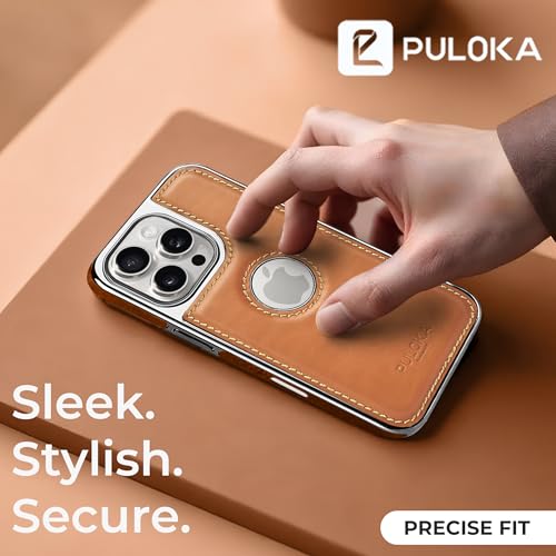 Image of PULOKA Chrome Leather Back Case - Compatible with iPhone 16 Pro - Luxury Bumper Case - Flexible Vegan Leather - Electroplated Sides & Logocut - Full Camera Protetection & Raised Edges - TAN