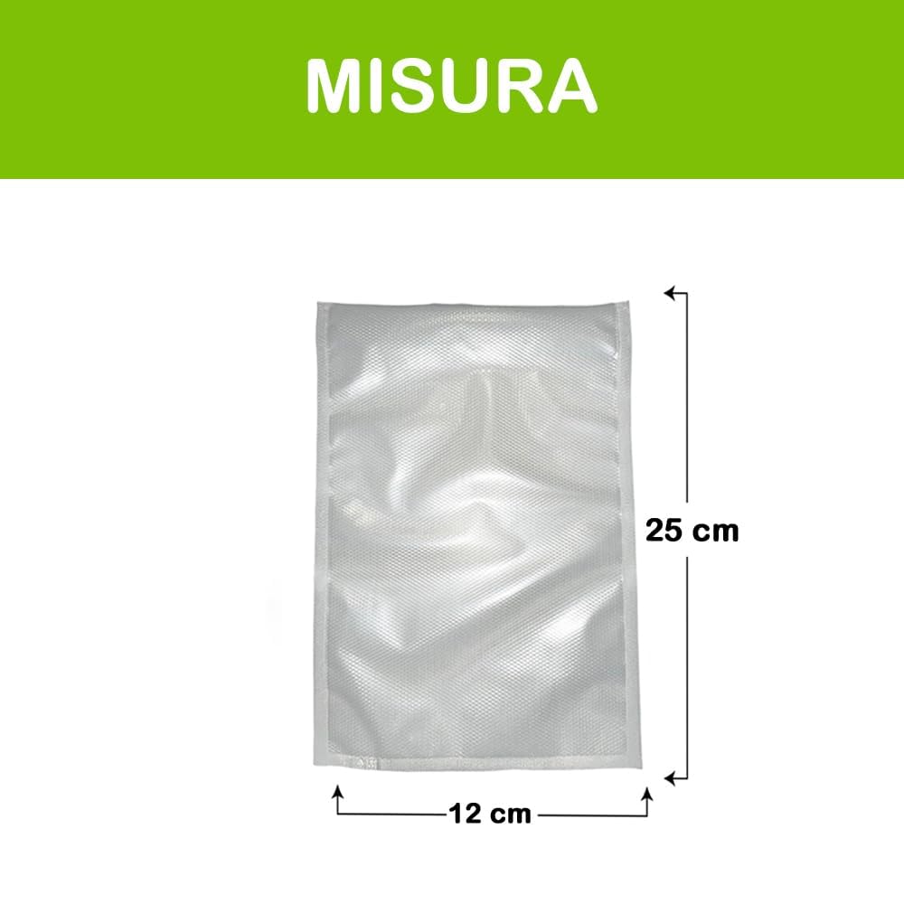GM 100 Sacchetti Sottovuoto Goffrati per Alimenti, Misura 12x25 cm per Tutte le Macchine Sottovuoto, Buste Sottovuoto per Conservazione Alimenti e Cottura, Senza BPA