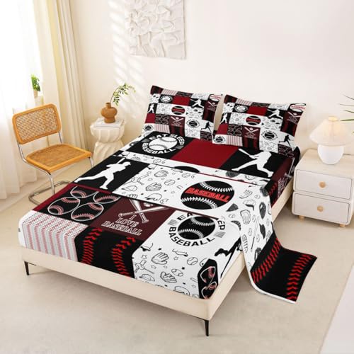 Image of Castle Fairy Patchwork Baseball Bed Sheet King Set,Sports Geometric Grid Red Sheet Sets Adults Room Decoration,Baseball Bedding Set with Flat,Fitted Sheet,2 Pillow Cases