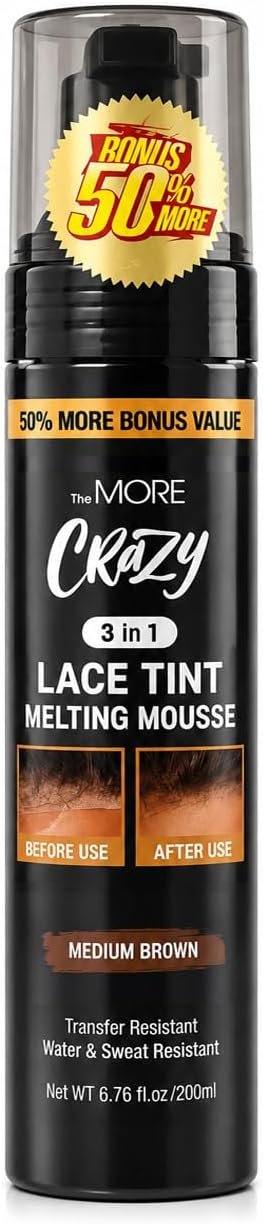 The MORE 3 in 1 Lace Tint Mousse, 6.76 Fl Oz, Medium Brown | Concealer for Lace Wigs, Hair Wigs, Toupees and Hair Pieces, Colored Edge Tamer