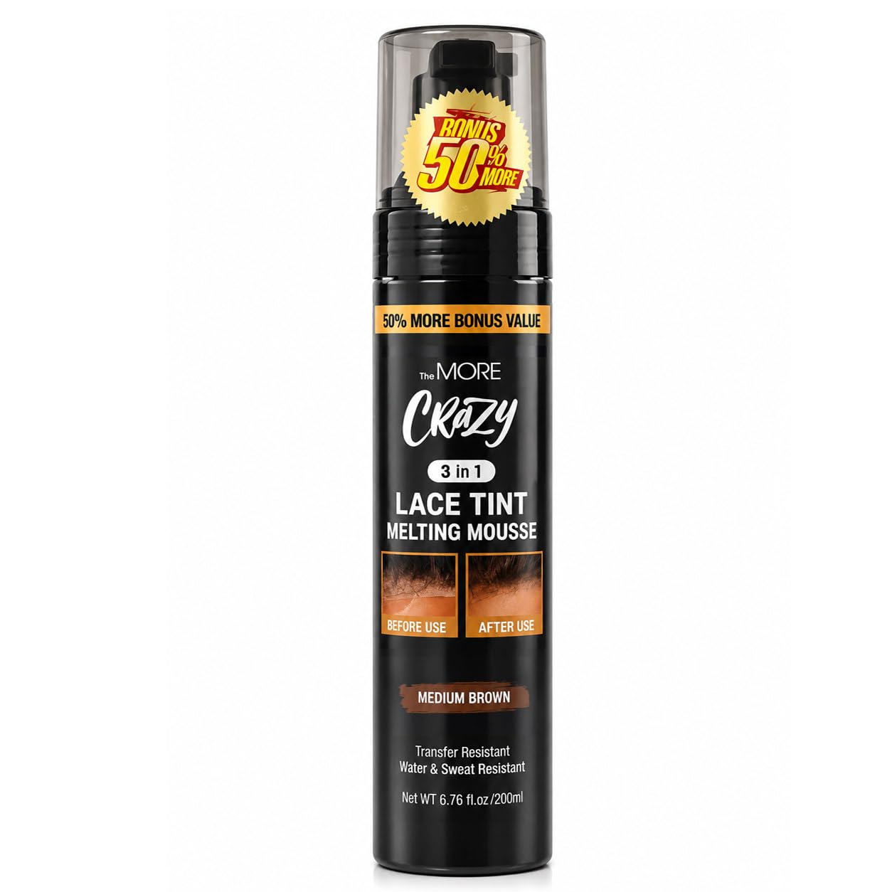 The MORE 3 in 1 Lace Tint Mousse, 6.76 Fl Oz, Medium Brown | Concealer for Lace Wigs, Hair Wigs, Toupees and Hair Pieces, Colored Edge Tamer