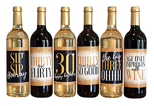 6 30th Birthday Wine Bottle Labels or Stickers Present, Dirty Thirsty Flirty Thirty Bday Gifts For Women, Cheers to 30 Years, Funny Black Gold Party Decorations Supplies For Wife, Girl Mom