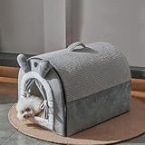 Jiupety Small Dog House Indoor, Dog Cave with Door Curtain Design, Puppy House with Reversible Washable Cushion, M Size Portable Pet Cave for 7-13 lb Cats and 6-11 lb Dogs, Non-Slip Bottom, Grey