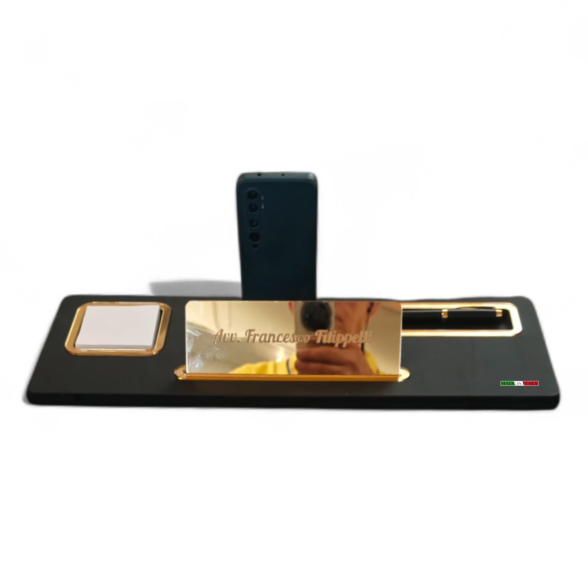 Oggettando Set Scrivania in eco pelle PU Nera, 5in1 Organizer con Supporto smartphone, Porta Penne, Porta bigliett, Portacarte ades, Cavaliere pers, Sottomano per Ufficio, Casa (ACR. ORO)