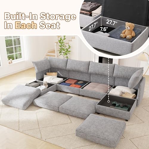 Image of Oversized Chenille Modular Sectional Sofa Bed Hidden Storage, Convertible L U Shaped Sleeper Couch, 10 Seat Modern Modular Sectional Sofa with Removable Covers & Ottoman Chaise, for Living Room, Gray