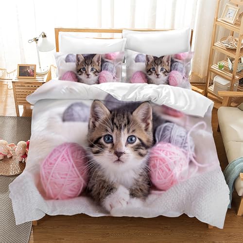 CXYXHW Parure de lit Chat 3 pièces en Microfibre,Enfants Housse de Couette Chat Motif en 3D avec Fermeture éclair (E, 135 x 200 cm)