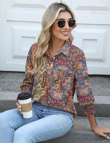 Kistore Womens Button Down Shirts 3/4 Sleeve Smocked Cuffed Business Work Tunic Top with Pocket Collared Blouses4