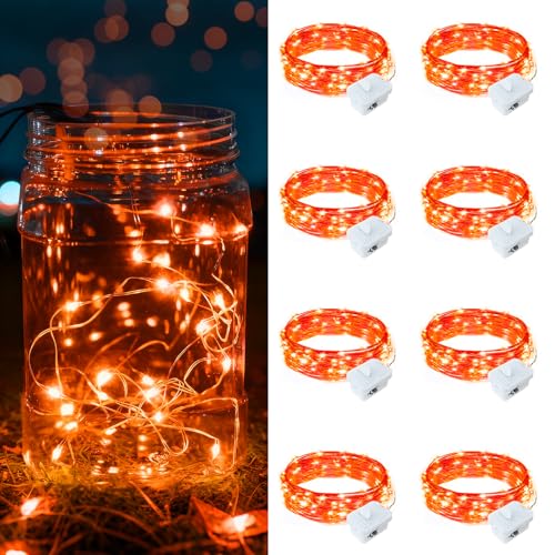 chzk 8 Pack Orange Fairy Lights Battery Operated 7ft 20 LED Mini String Twinkle Lights for Mason Jars Christmas Halloween Party Centerpiece Table Decorations (8 Orange)