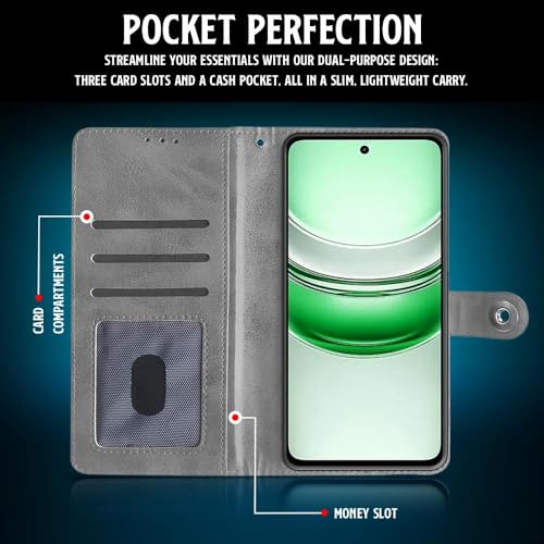Image of WOW IMAGINE Shock Proof Flip Cover Back Case for Realme C75 | Realme C73 | Narzo 80 lite 5G | P3 Lite 5G (Magnetic Button Flip Case | Wallet Pockets & Stand | Leather Finish | Aquamarine)