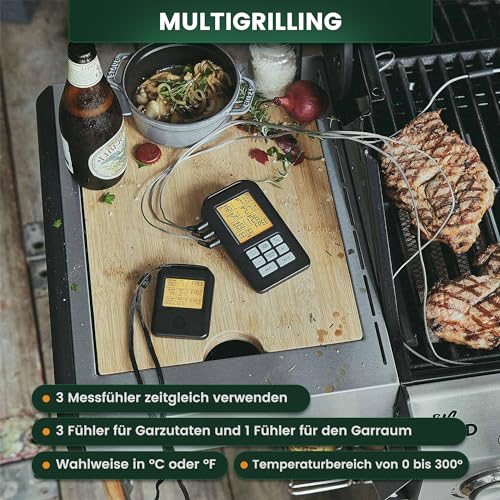 BURNHARD Funk Grillthermometer mit 4 Temperaturfühlern, 30m Reichweite, Digital Braten-Thermometer für Grill & Backofen, Timer, BBQ Thermometer, Grillzubehör für Fleisch & Fisch