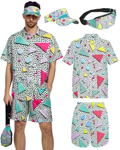 kasahara 80s 90s Outfit for Men Retro Hawaiian Shirts and Short Set Mens 80s Clothes 90s Costume Tracksuit with Visor (Light Blue, M)