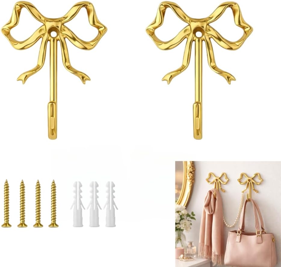 Decorative Bow Wall Hooks, Brass-Gold Metal Coat Hooks for Keys, Jewelry, Clothes, Home Decor - Screw Mounted, Iron Alloy, 2 in X 2.6 in X 0.8 In, 2 Pack (Four large sizes and two small sizes)