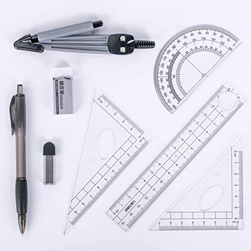 1set Math Geometry Kit Set Student Supplies with Shatterproof Storage Box Includes Rulers,Protractor,Compass,Pencil Lead Refills,Pencil,Eraser for Students and Engineering Drawings