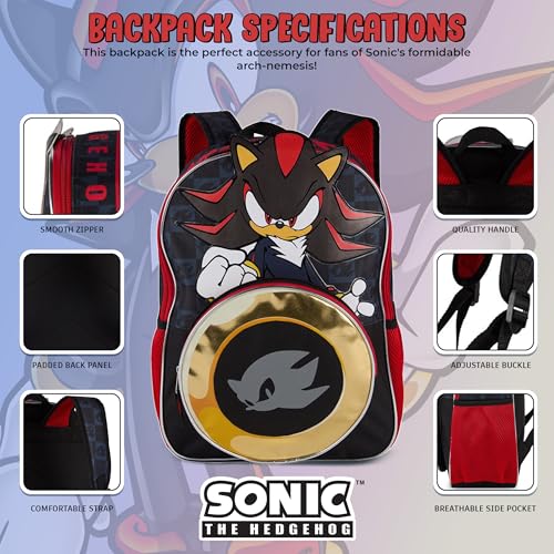 Image of AI ACCESSORY INNOVATIONS Sonic The Hedgehog Backpack for Boys & Girls, Shadow 16 Inch Schoolbag with Die-cut Metallic Gold Ring Pocket, Black