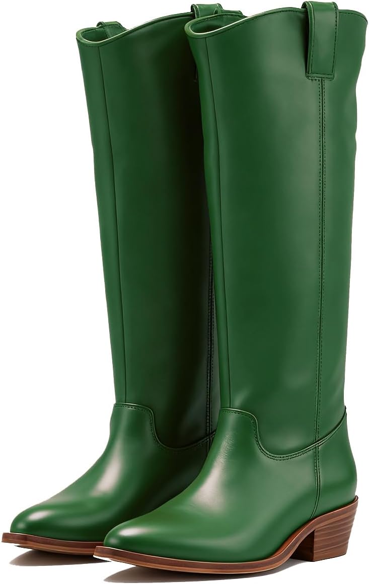 Women Low Chunky Stacked Heel Western Knee High Boots Slouchy Suede Pointed Square Toe Pull On Cowboy Boots Block Heels Wide Calf Stretchy Tall Dress Boot Fall Winter Retro Comfort 4-13 M US