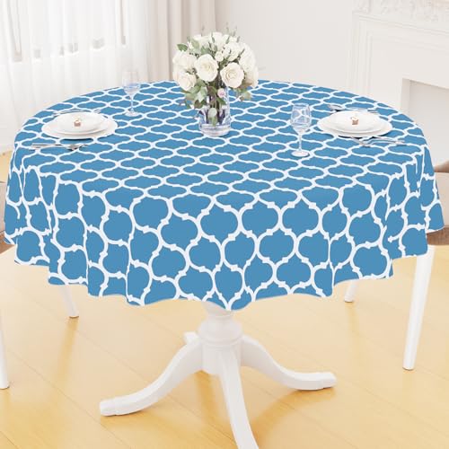 Image of Smiry Round Table Cloth, Flannel Backed Vinyl Tablecloth, 60 inch Round | Waterproof Plastic Tablecloths, Wipeable Table Cover for Dining, Indoor and Outdoor (Light Blue)