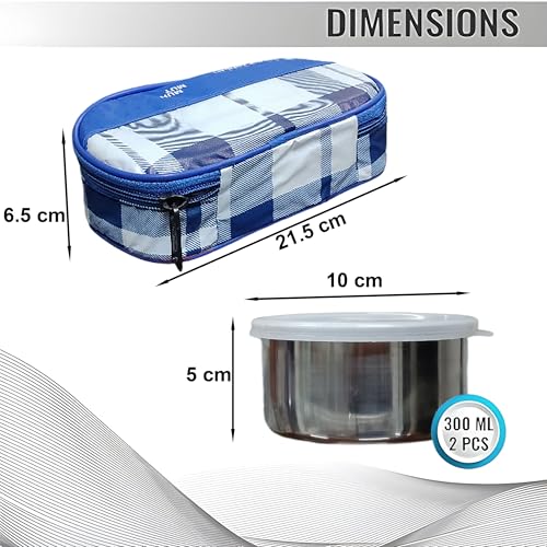 Image of Taxton Stainless Steel Lunch Box with 2 Containers and Insulated Carry Bag, Checkered Pattern, Plastic Lid (Blue)
