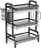 Vergissm Large 3-Tier Dish Drying Rack with Drain Tray - Rustproof Carbon Steel Kitchen Organizer for Countertop with Utensil & Cutlery Holder, Spacious Drainboard - Multifunctional Dish Drainer