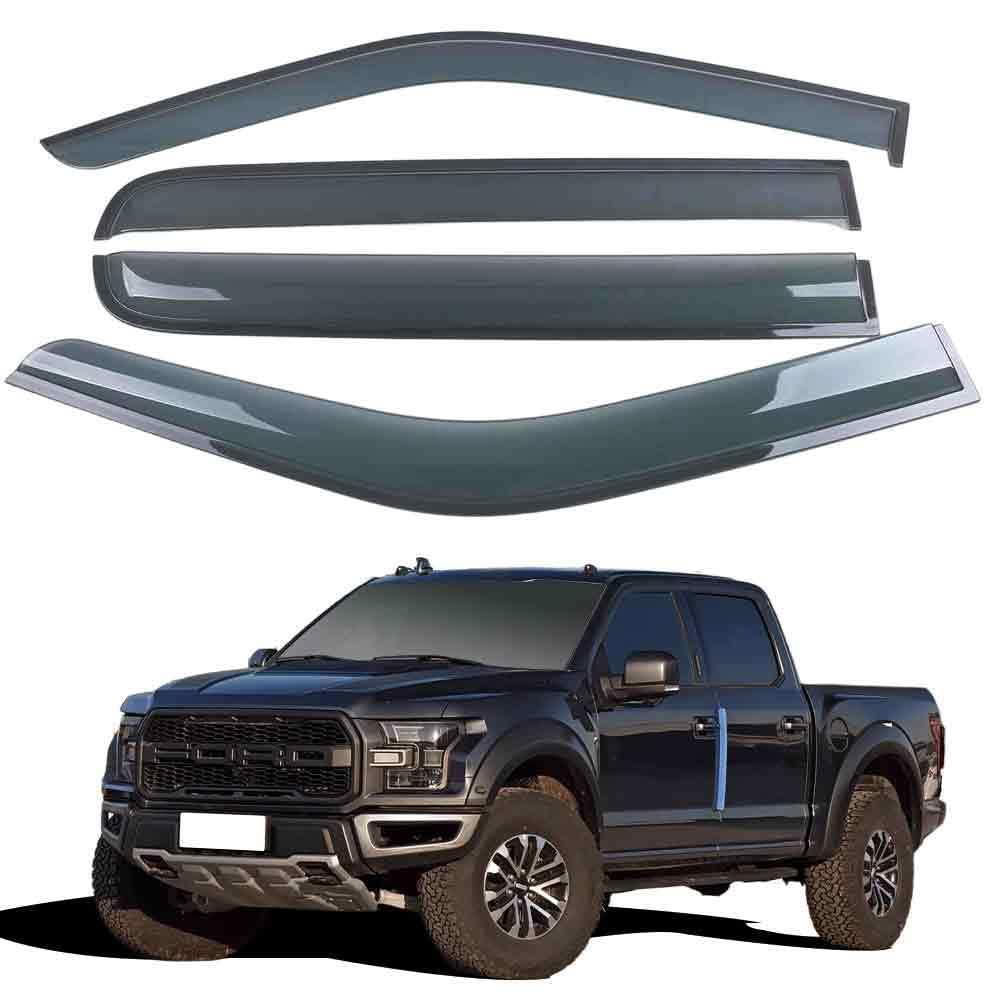 liufangfc Wind Deflectors for Ford F150 2019 – 4pc Tape-On Smoked Visors, Weatherproof, Anti-Salt/Snow, Low-Noise