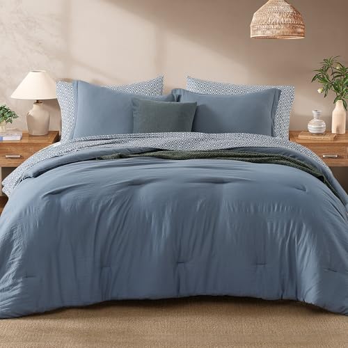 Image of Monbix Full Size Comforter Sets-7 Pieces Soft Bed in a Bag Full Bedding Set | All Season Oxford Blue Prewashed Comforter Bed Set with Striped Sheets, Pillowcases & Shams