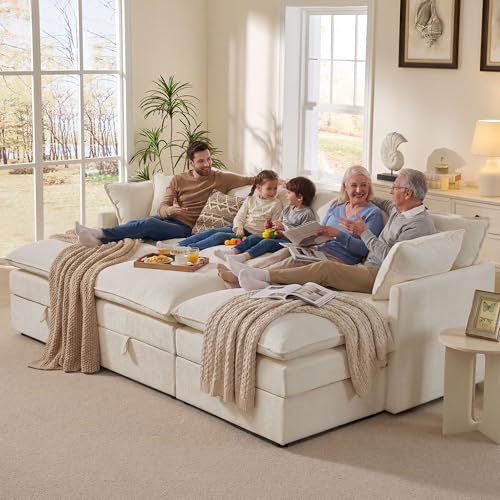 Image of Ihanherry Oversized Sectional Sofa Bed with Storage, 103 inch 6-Seater Modular Cloud Couch with Movable Ottomans, Chenille Deep Seat Sleeper Couches for Living Room (Beige)