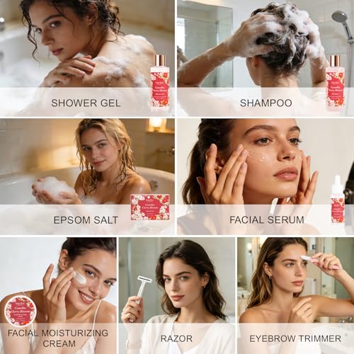 Image of 35Pc Birthday Gift for Women, Cherry Blossom Rose Bath and Body Basket Gift | Spa Gift Basket, Face Skin Care Kit, Home Spa Self Care, Lip Gloss, Birthday, Christmas, Mother, Bridal Shower, Anniversary