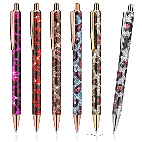 Molain 6 Pcs Bling Sparkly Metal Pens, Retractable Ballpoint Cute Glitter 1.0mm Black Ink Fine Point Gift Writing Journaling for Kids Students Teachers Drawing Gift(Leopard Pattern)