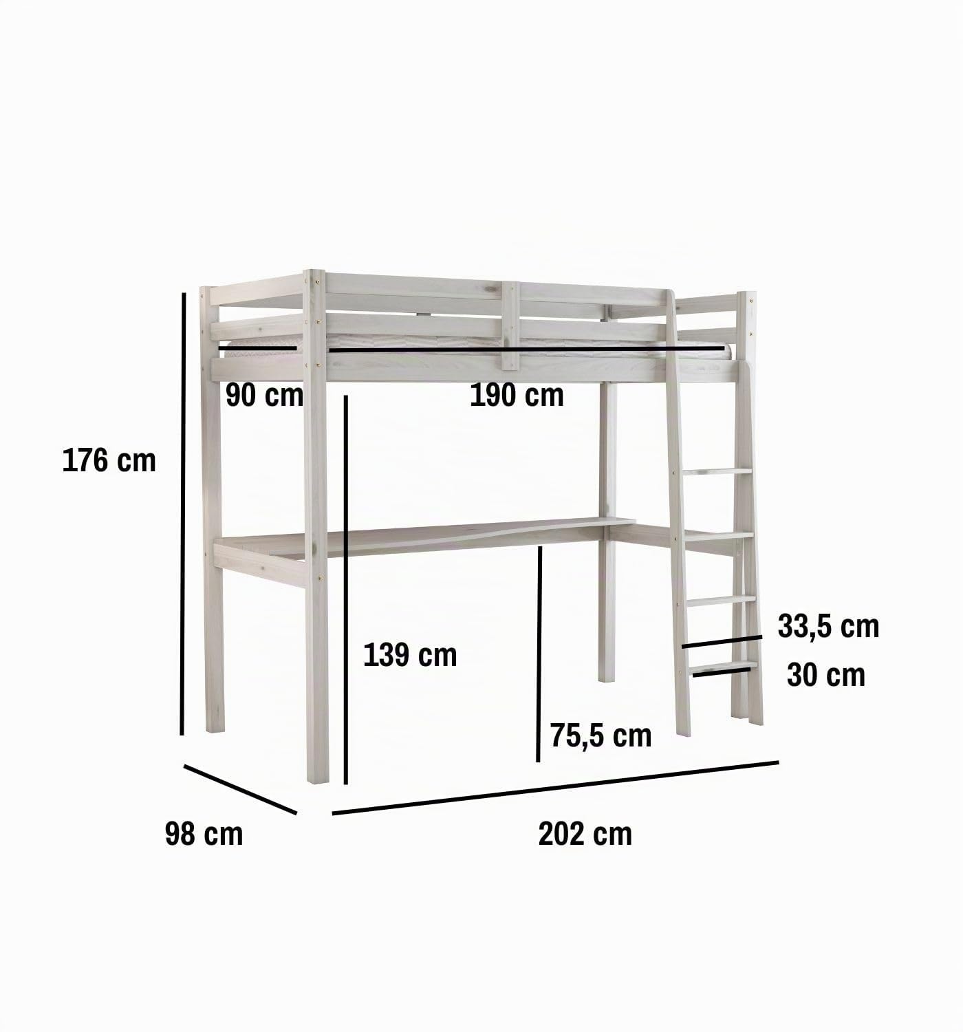Arredo Stock Letto singolo a soppalco con scrivania inclusa, 90x190x176 cm (Bianco naturale)