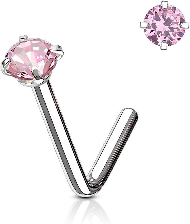 Round CZ L Bend Nose Stud Ring 316L Surgical Steel (CHOOSE SIZE & COLOR)