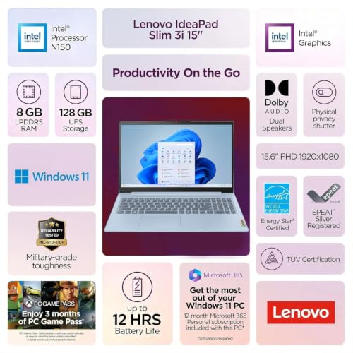 Image of Lenovo IdeaPad Slim 3i 15.6 inch FHD Laptop, Intel N150, 8GB, 128GB UFS