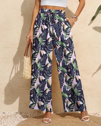 CZYINXIAN Women's High Waisted Pants Wide Leg Flowy Work Pants with Pockets Smocked Waist Casual Dressy Trousers(Banana Leaf, XX-Large) — view 2