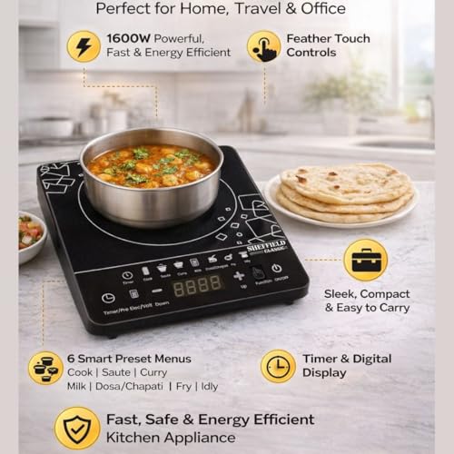 Image of SHEFFIELD CLASSIC 1600W Induction Cooktop with Touch Control | 6 Smart Preset Menus Portable Electric Stove | Energy Efficient Cooktop with Digital Display & Auto Shut-Off (Black)