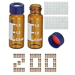 PATIKIL 2ml Autosampler Vial, 200Pcs Pre-Slit Septa HPLC/GC Vials 9-425 Lab Amber Vials Sample Vial Screw Cap Writing Patch PTFE & Silicone with Labels for LC Stamper
