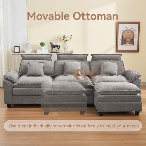 Image of 103'' Cloud Modern 3 Seater Couch with Detachable Headrest, Modular Sectional Sofa with Ottoman, Oversized L Shape Chenille Comfy Sofa with Armrests for Living Room, Light Grey