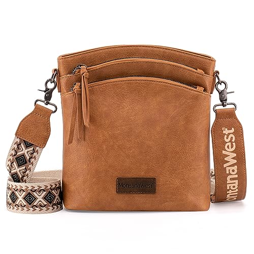 Montana West Crossbody Purses and Handbags for Women, Medium Size Double Compartments with Adjustable Guitar Strap Brown MWC-H185BR