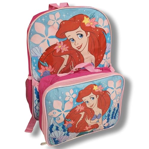 Ruz Group Kid's Licensed 16 Inch Backpack With Removable Lunch Box Set (Little Mermaid Blue-Pink)
