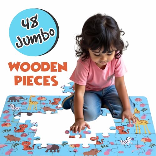 Image of Wildlife Animal Floor Puzzle | Jumbo Wooden Jigsaw Puzzle with Flash Cards for Kids | Fun Facts Animal Puzzles, Educational Toys, Gift Toys for Ages 4+| Puzzle & Scrabble Game for Kids
